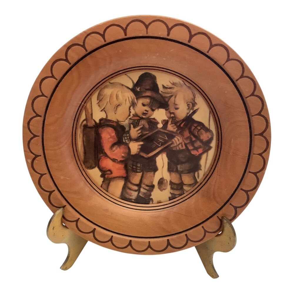 Goebel Hummel  Wall Art Wooden Round Small W. Germany School Boys Math 6 inches